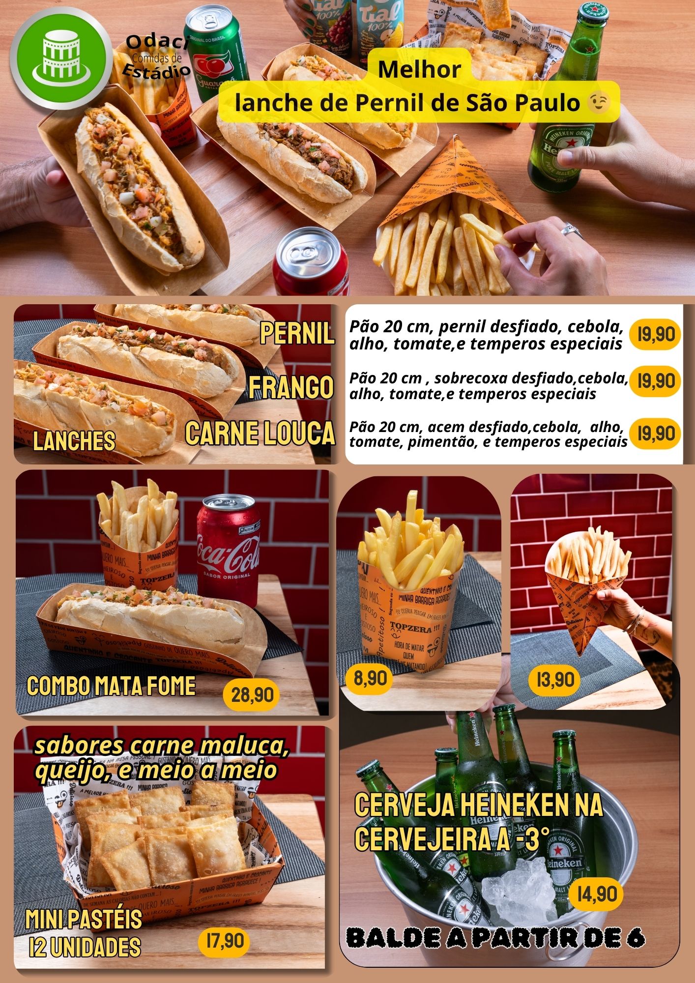 Imagem ilustrando o cardápio do Odaci Comidas de Estádio